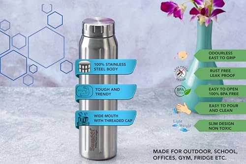 Sumeet Spark-Aqua Stainless Steel Leak Proof Water Bottle Office/School/College/Gym/Picnic/Home/Fridge - 900ml |Pack of 4| Silver