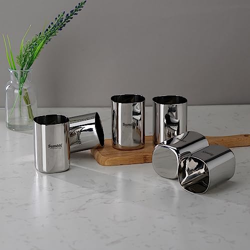 Sumeet Stainless Steel Mirror Finish Square Shape Heavy Gauge Glass Set of 6 Pcs - 6.5cm Dia - (350ml Each)