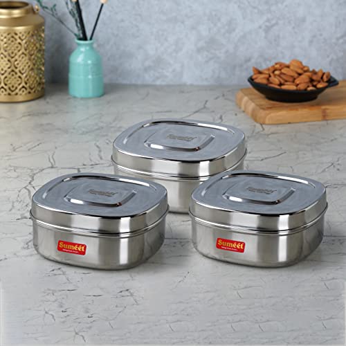 Sumeet Stainless Steel Square Storage containers Box/Dabba for Kitchen, Set of 3Pcs, 1000ml, 14cm Dia, Silver