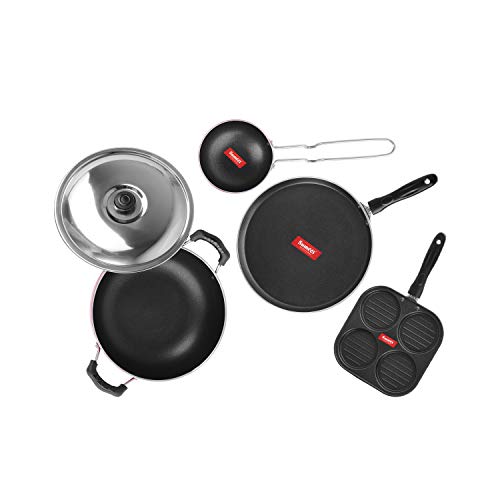 Sumeet 2.6mm Thick Non-Stick Rudh Cookware Set (Dosa Tawa – 26.5cm Dia + Mini Multi Snack Maker – 19.5cm Dia + Kadhai with Lid – 1.5Ltr Capacity- 20cm Dia + Tadka Pan – 10cm Dia)