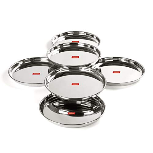 Sumeet Stainless Steel Heavy Gauge Deep Wall Dinner Plates with Mirror Finish 33.7cm Dia - Set of 6pc