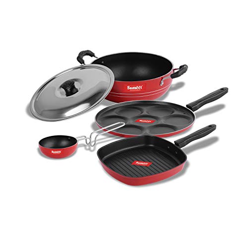 Sumeet 2.6mm Thick Non-Stick Roux Cookware Set (Multi Snack Maker – 26.5cm Dia + Kadhai with Lid – 1.5Ltr Capacity- 20cm Dia + Grill Pan – 1.1Ltr Capacity – 22cm Dia + Tadka Pan – 10cm Dia)