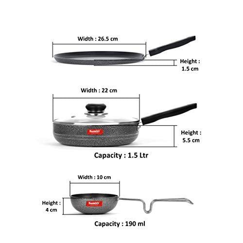 Sumeet NonStick Perak Cookware Set (Dosa Tawa - 26.5Cm Dia + Frypan with Glass Lid - 1.5Ltr - 22Cm Dia + Waghariya/Tadka pan - 190Ml - 10Cm Dia)