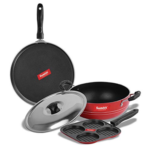 Sumeet 2.6mm Thick Non-Stick Red Blush Combo Set (Dosa Tawa – 26.5cm Dia + Multi Snack Maker – 26.5cm Dia + Kadhai with Lid – 1.5Ltr Capacity- 20cm Dia)