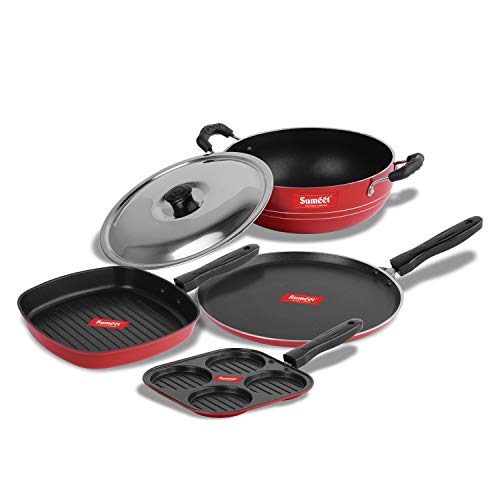 Sumeet 2.6mm Thick Non-Stick Catalan Cookware Set (Dosa Tawa – 26.5cm Dia + Mini Multi Snack Maker – 19.5cm Dia + Kadhai with Lid – 1.5Ltr Capacity- 20cm Dia + Grill Pan – 1.1Ltr Capacity – 22cm Dia)