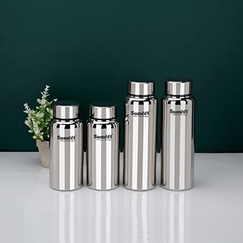 Sumeet Stainless Steel Jointless Akhand Leak-Proof Water Bottle / Fridge Bottle Set 800ML and 600ML - Pack of 4, Silver