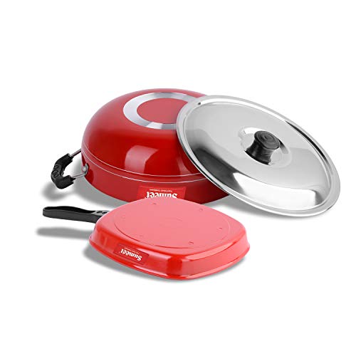 Sumeet 2.6mm Thick Non-Stick Scarlet Cookware Set (Kadhai with Lid – 1.5Ltr Capacity- 20cm Dia + Grill Pan – 1.1Ltr Capacity – 22cm Dia)
