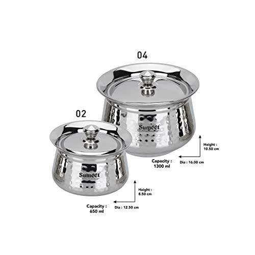 Sumeet Stainless Steel Handcrafted Hammered Texture Handi Set with Lid for Kitchen, Set of 2, 650ml & 1300ml, Silver