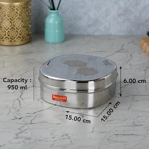 Sumeet Stainless Steel Designer Square Storage containers box/Dabba for Kitchen, Set of 2Pcs, 950ml, 15cm Dia - Silver