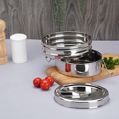 Sumeet Stainless Steel Oval Lunch Box/Tiffin with 2 Compartments and Locking Clip, 850ML, Ideal for 2 Person - Silver
