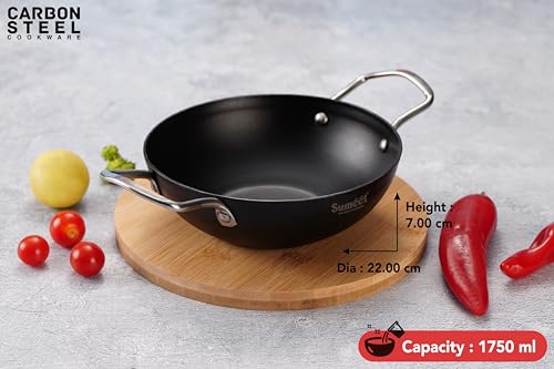Sumeet Super Smooth Pre Seasoned Carbon Steel (Iron) Deep Kadai for Cooking and Deep Frying|Naturally Nonstick |22cm | 1750ml, Gas & Induction-Friendly, Black