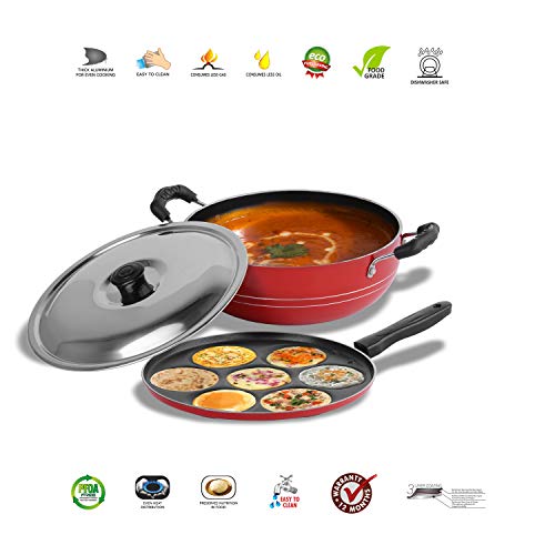 Sumeet 2.6mm Thick Non-Stick Rasberry Cookware Set (Multi Snack Maker – 26.5cm Dia + Kadhai with Lid – 1.5Ltr Capacity- 20cm Dia)