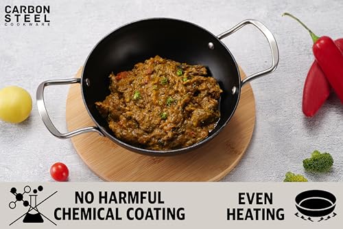 Sumeet Super Smooth Pre Seasoned Carbon Steel (Iron) Deep Kadai for Cooking and Deep Frying|Naturally Nonstick |22cm | 1750ml, Gas & Induction-Friendly, Black