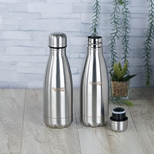Sumeet Stainless Steel Double Walled Flask / Water Bottle, 24 Hours Hot and Cold, 400 ml, Silver - Set of 2 Pcs