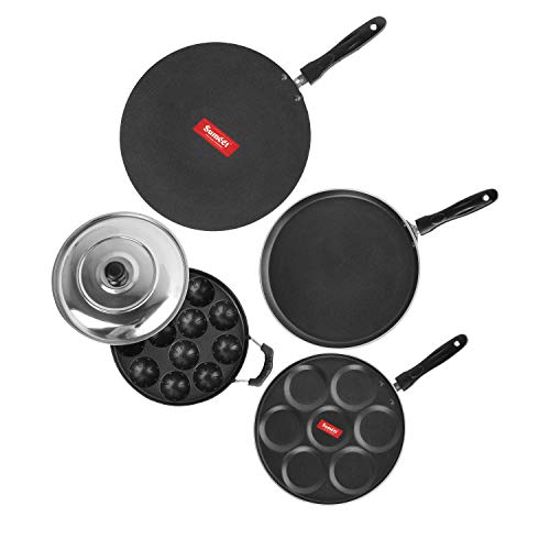 Sumeet 2.6mm Thick Non-Stick Rod Cookware Set (Dosa Tawa – 26.5cm Dia + Multi Snack Maker – 26.5cm Dia + Grill Appam Patra with Lid – 23cm Dia + Concave Tawa – 28cm Dia)