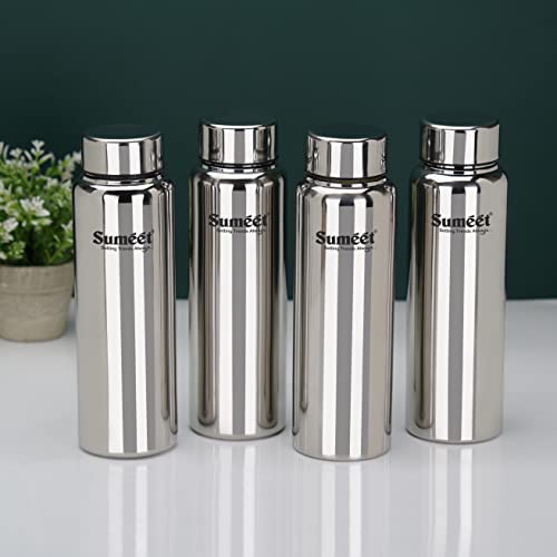 Sumeet Stainless Steel Jointless Akhand Leak-Proof Water Bottle / Fridge Bottle - 800ML Pack of 4, Silver