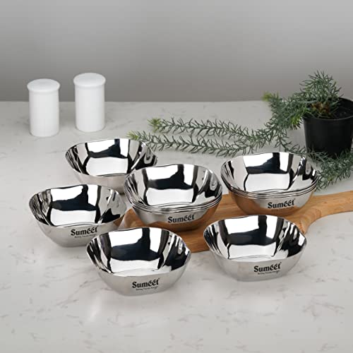 Sumeet Heavy Gauge Stainless Steel Apple Square Bowl/Wati/Katori with Mirror Finish – 10.6cm Dia, Set of 12pc, 250ML Each - Silver