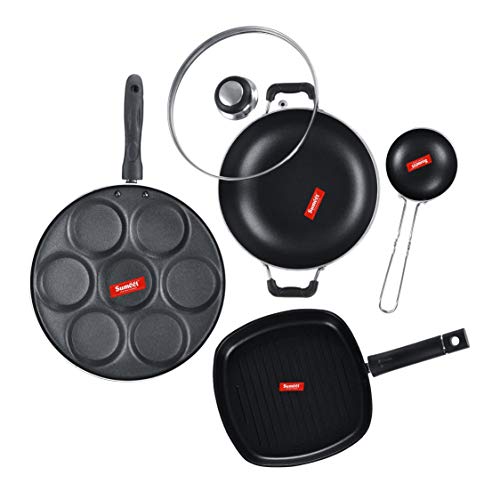 Sumeet NonStick Melns Cookware Set (Multi Snack Maker - 7 Cavity - 26.5Cm Dia + Kadhai with Glass Lid -2Ltr - 22Cm Dia + Grill Pan-22cm Dia + Waghariya/Tadka pan - 190Ml - 10Cm Dia)