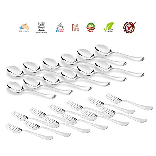 Sumeet Stainless Steel Premium Quality Spoon and Fork Set of 24 Pc (Baby/Medium Spoon 12 Pc (16cm L), Baby/Medium Fork 12 Pc (15.5cm L))– (1.6mm Thick)