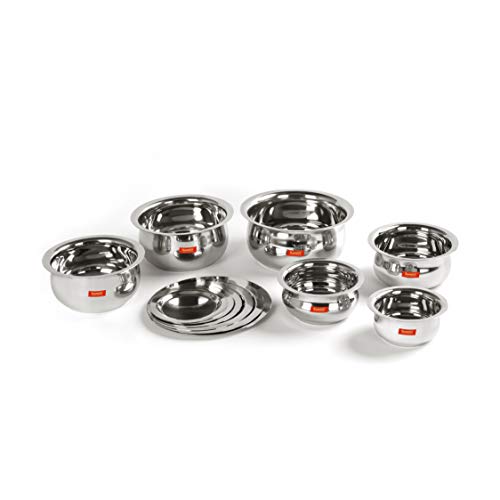 Sumeet Stainless Steel Belly Shape 6 Pc Tope / Cookware/ Pot Set with Lid 380ML, 500ML, 780ML, 1.1Ltr, 1.4Ltr, 1.75Ltr (Silver)