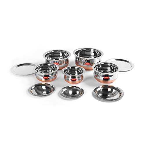 Sumeet Stainless Steel Copper Bottom Belly Shape 5 Pc Tope / Cookware/ Pot Set with Lid 380ML, 500ML, 780ML, 1.1Ltr, 1.4Ltr, (Silver)