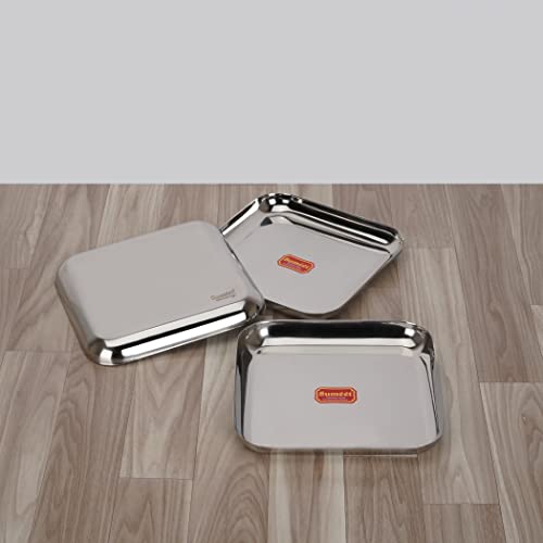 Sumeet Stainless Steel Medium Square Shape Plate/Snacks Plate/Breakfast Plate Set of 3pcs, 17.5cm Dia, Silver