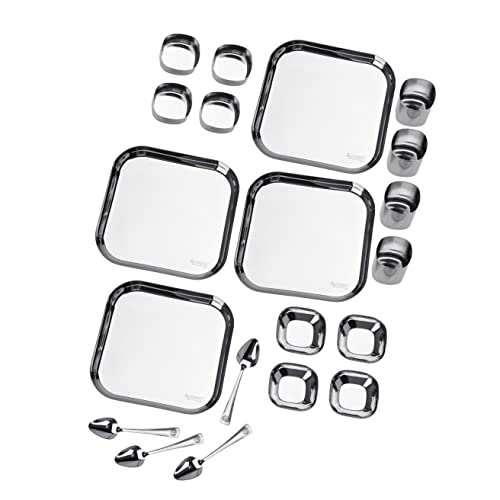 Sumeet Square Stainless Steel Heavy Gauge Mirror Finish Dinner Set of 20 Pc (4 Plate, 4 Halwa Plate, 4 Bowl , 4 Glass, 4 Spoon)