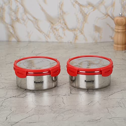 Sumeet Airtight & Leak Proof Steelexo S.S. Container/Lunch Box with Stainless Steel Lid Set Pack of 2Pcs (900ML, 14.5CM) - Silver