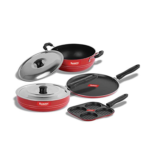 Sumeet 2.6mm Thick Non-Stick MENA Cookware Set (Dosa Tawa – 26.5cm Dia + Mini Multi Snack Maker – 19.5cm Dia + Kadhai with Lid – 1.5Ltr Capacity- 20cm Dia + Fry pan – 1.5Ltr Capacity – 21cm Dia)