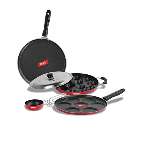 Sumeet 2.6mm Thick Non-Stick Rouge Cookware Set (Dosa Tawa – 26.5cm Dia + Multi Snack Maker – 26.5cm Dia + Grill Appam Patra with Lid – 23cm Dia + Tadka Pan – 10cm Dia)