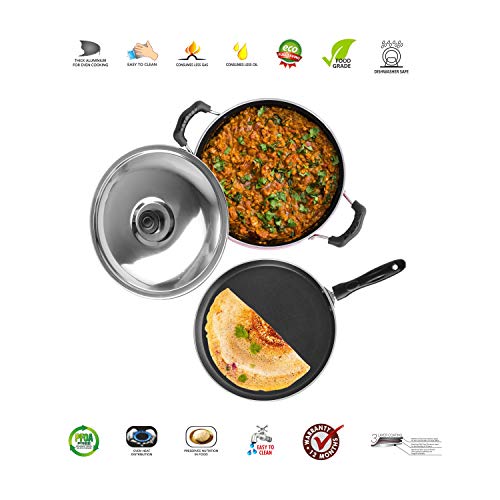 Sumeet 2.6mm Thick Non-Stick Ruby Cookware Set (Dosa Tawa – 26.5cm Dia + Kadhai with Lid – 1.5Ltr Capacity- 20cm Dia)