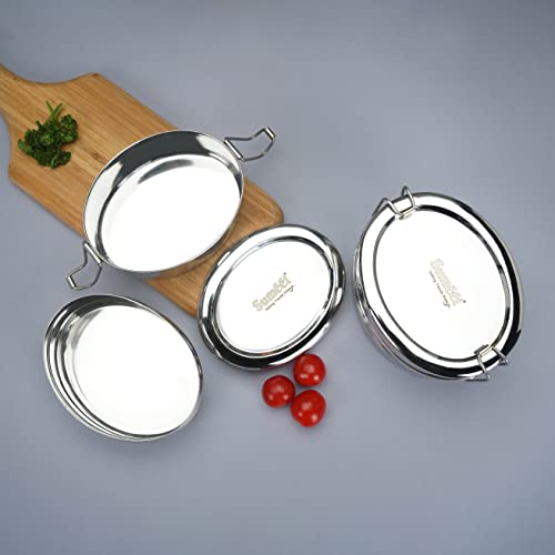 Sumeet Stainless Steel Oval Lunch Box/Tiffin with 2 Compartments and Locking Clip, Set of 2 Pcs, 800ML & 850ML Each, Ideal for 4 Person - Silver