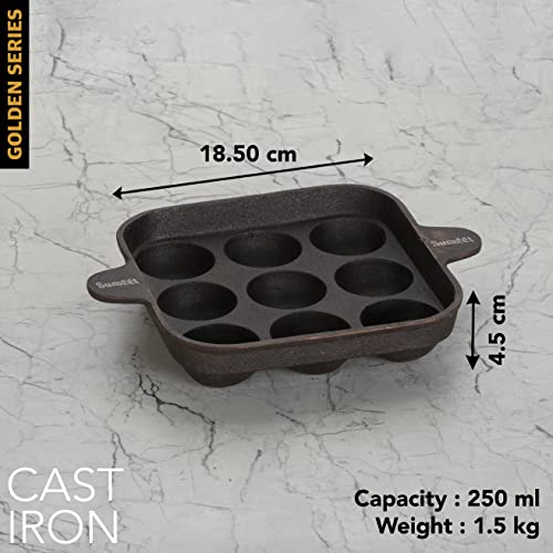 Sumeet Super Smooth Gold Series Pre Seasoned Cast Iron Appam Patra for Paniyaram/Appe/Ponganalu/Paddu |18.50cm 1.5kg, 9 Pit.