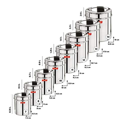 Sumeet Stainless Steel Vertical Canisters/Ubha Dabba/Storage Containers Set of 8Pcs (350ML, 500ML, 700ML, 900ML, 1.25Ltr, 1.6Ltr, 2.2Ltr, 2.9Ltr)