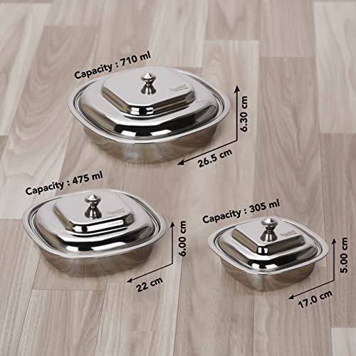 Sumeet Stainless Steel Square Serving Bowl / Curry Bowl / Gravy Pot with lid