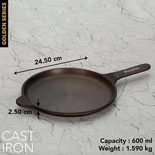 Sumeet Super Smooth Gold Series Pre Seasoned Cast Iron Shallow Fry Pan for Frying/Roasting |24.5cm 1.6kg, Gas & Induction-Friendly.