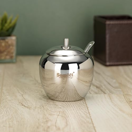 Sumeet Stainless Steel Apple Shape Ghee and Oil Pot, Storage Container with Spoon for Kitchen, 9cm Dia, 350ML - Silver (Pack of 1)