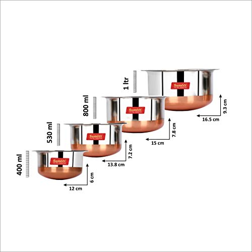 Sumeet Stainless Steel Copper Bottom 4Pc Tope Set with Lid (400Ml, 530Ml, 800Ml, 1Ltr)