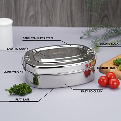 Sumeet Stainless Steel Rectangle Lunch Box/Tiffin with with 2 Compartments and Locking Clip,Set of 2 Pcs, 650ML & 1000ML, Ideal for 4 Person - Silver