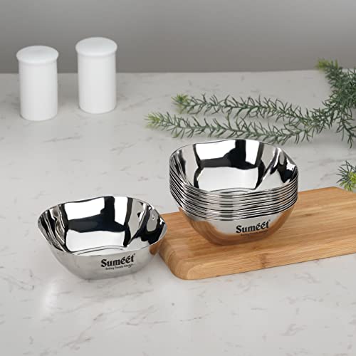 Sumeet Heavy Gauge Stainless Steel Apple Square Bowl/Wati/Katori with Mirror Finish – 10.6cm Dia, Set of 12pc, 250ML Each - Silver