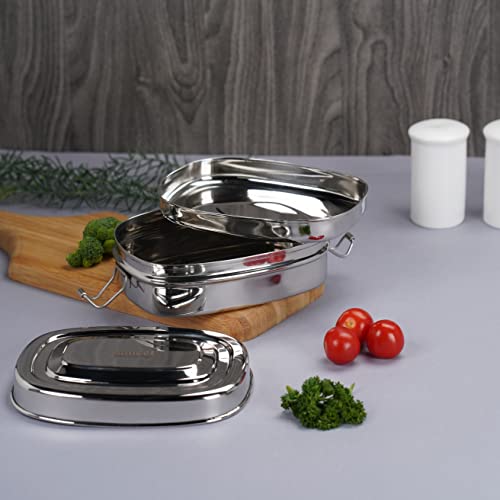 Sumeet Stainless Steel Rectangle Lunch Box/Tiffin with 2 Compartments and Locking Clip, 550ML, Ideal for 1 Person - Silver