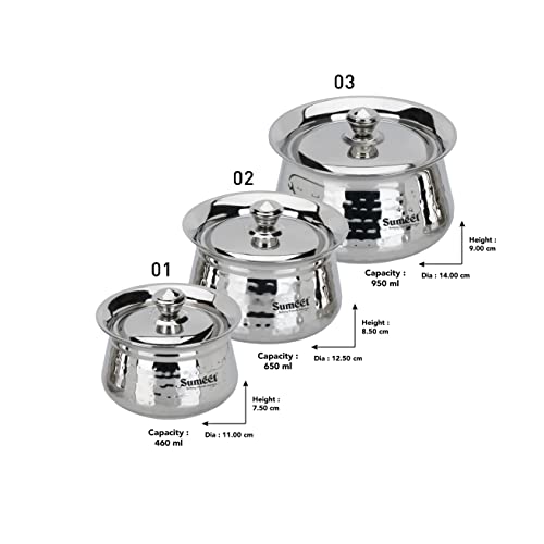 Sumeet Stainless Steel Handcrafted Hammered Texture Handi Set with Lid for Kitchen, Set of 3, 460ml, 650ml & 950ml, Silver