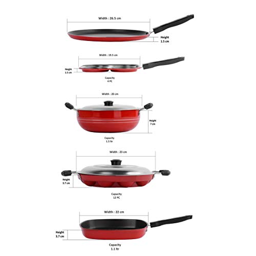 Sumeet 2.6mm Thick Non-Stick Dearg Cookware Set (Dosa Tawa – 26.5cm Dia + Mini Multi Snack Maker – 19.5cm Dia + Kadhai with Lid – 1.5Ltr + Grill Appam Patra with Lid – 23cm Dia + Grill Pan – 1.1Ltr)