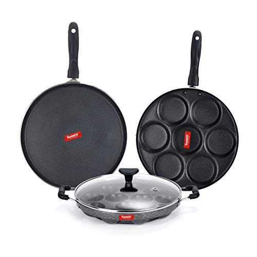 Sumeet NonStick Kulay-ABO Cookware Set (Dosa Tawa - 26.5Cm Dia + Multi Snack Maker - 7 Cavity - 26.5Cm Dia + Grill Appam Patra with Glass Lid - 12 Cavity - 22cm Dia)