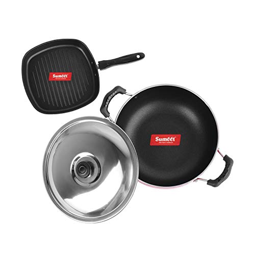 Sumeet 2.6mm Thick Non-Stick Scarlet Cookware Set (Kadhai with Lid – 1.5Ltr Capacity- 20cm Dia + Grill Pan – 1.1Ltr Capacity – 22cm Dia)