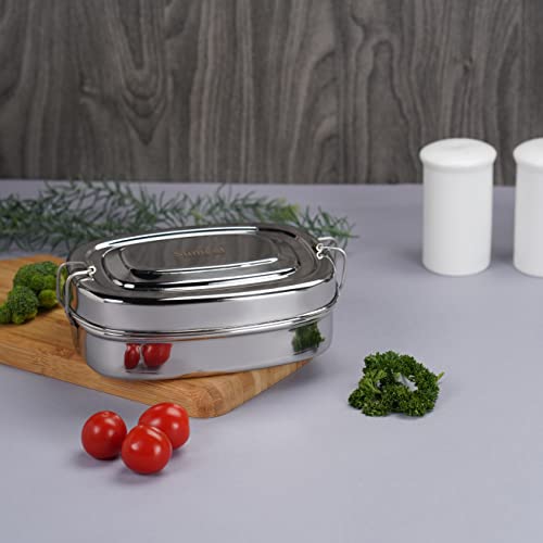 Sumeet Stainless Steel Rectangle Lunch Box/Tiffin with 2 Compartments and Locking Clip, 550ML, Ideal for 1 Person - Silver