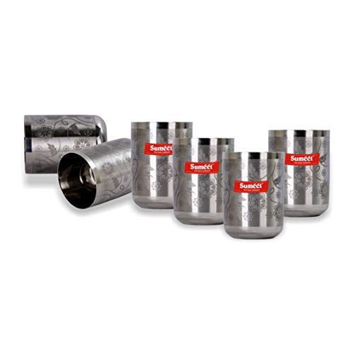 Sumeet Stainless Steel Laser Printed Miracle Glass Set of 6 Pcs (Capacity - 300 ml Each) (Changing Colour)