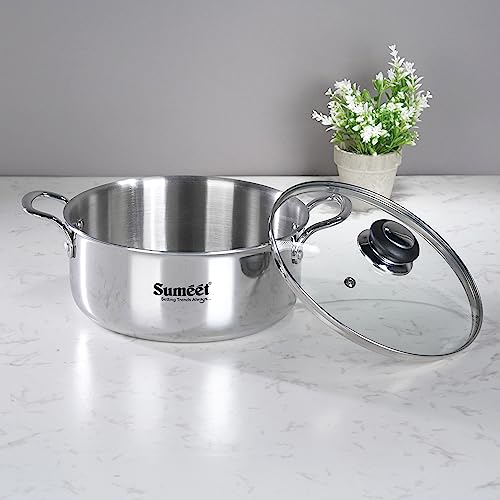 Sumeet Cook Smart TriPly Steel-Aluminium-Steel - 3 Layers Casserole/Biryani Pot/Stock Pot with Glass Lid- 3.75Ltr - 22Cm, Silver