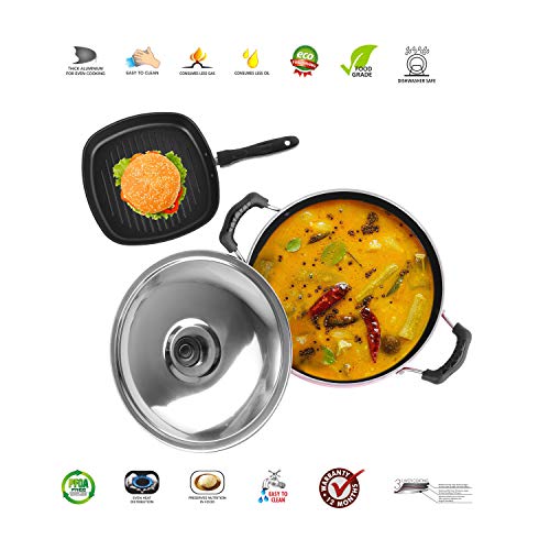Sumeet 2.6mm Thick Non-Stick Scarlet Cookware Set (Kadhai with Lid – 1.5Ltr Capacity- 20cm Dia + Grill Pan – 1.1Ltr Capacity – 22cm Dia)