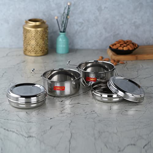 Sumeet Stainless Steel Meal Pack Lunch Box / Tiffin with Steel Separator Plate and Locking Clip, Set of 2Pc, 300ML Each, 11.5cm Dia, Silver